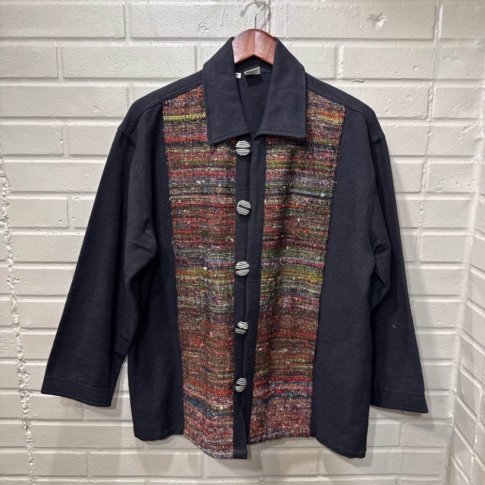Venus Imports Silk Cotton Knit Cardigan Jacket Woven Tapestry Black Nepal Med